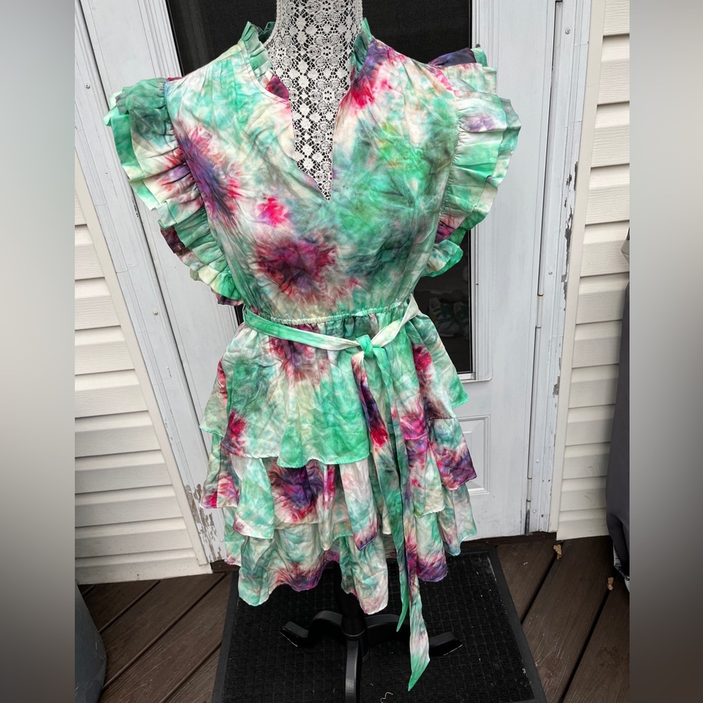 MARIE OLIVER LADIES GREEN PINK TIR DYE RUFFLE SILK COTTON DRESS-S